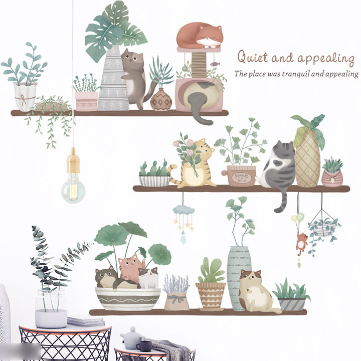 Decal trang trí chất liệu PVC loại 1 dày dặn, sắc nét, trang trí phòng khách, quán cafe-Kệ chậu cây mèo-LV19