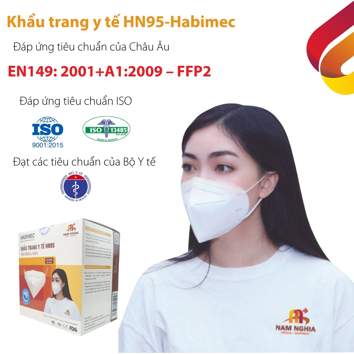 Hộp 20 Khẩu trang HN95-Habimec (đạt chuẩn FFP2-N95) Khẩu trang y tế 5 lớp kháng khuẩn lọc đến 99%