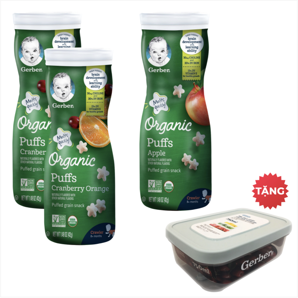 Combo 03 Gerber Organic (1 Táo Và 2 Nam Việt Quất Cam) TẶNG Hộp Nhựa Lưu Trữ Thức Ăn