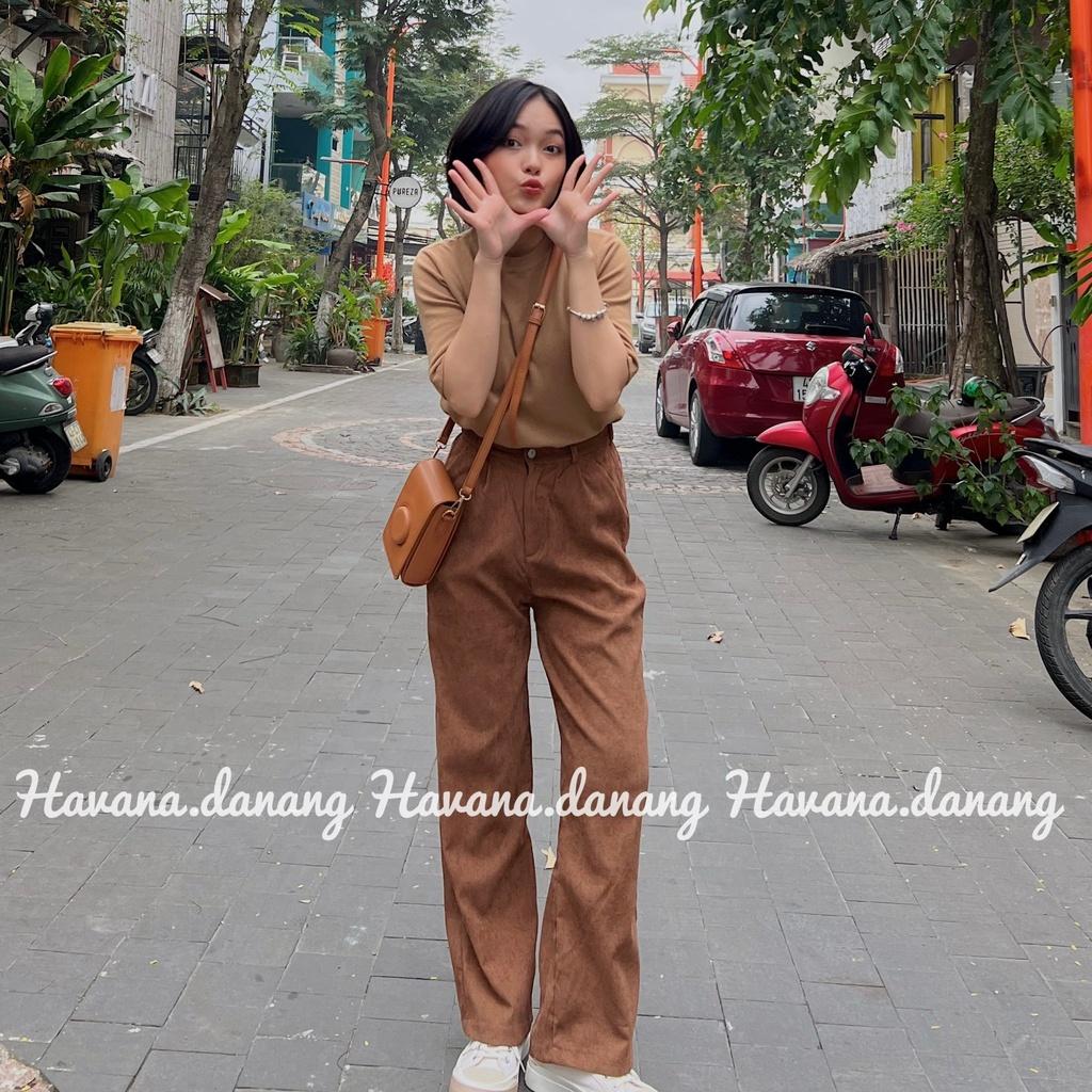 Quần nhung tăm ống suông rộng, cạp chun, form suông dài