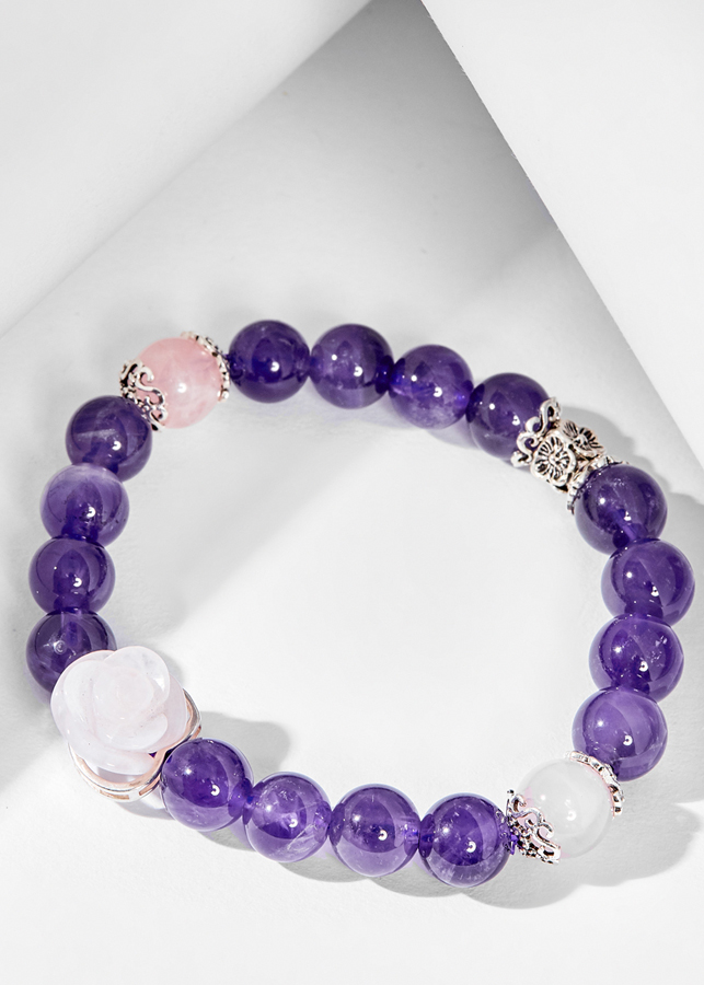 Vòng tay hoa mẫu đơn thạch anh hồng mix tím Ngọc Quý Gemstones