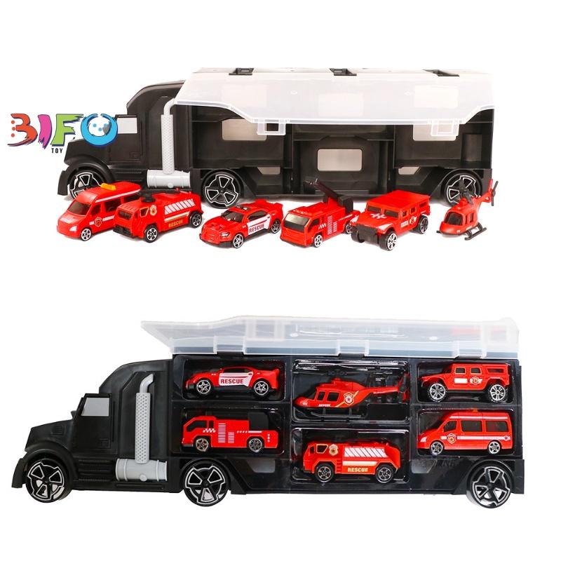 Hộp đồ chơi xe container vận chuyển xe ô tô và trực thăng (6 chiếc