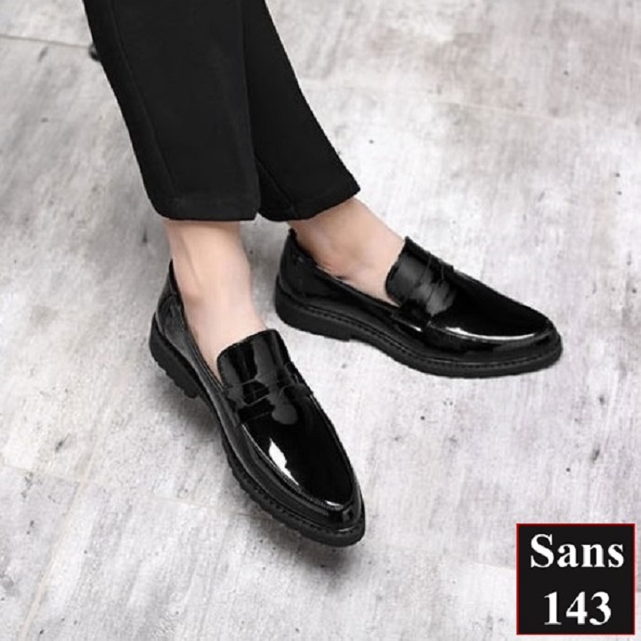 Giày lười nam da bò thật Sans143 cao cấp đen bóng êm chân công sở hàn quốc đẹp loafer mọi size cỡ 38 39 40 41 42 43 44