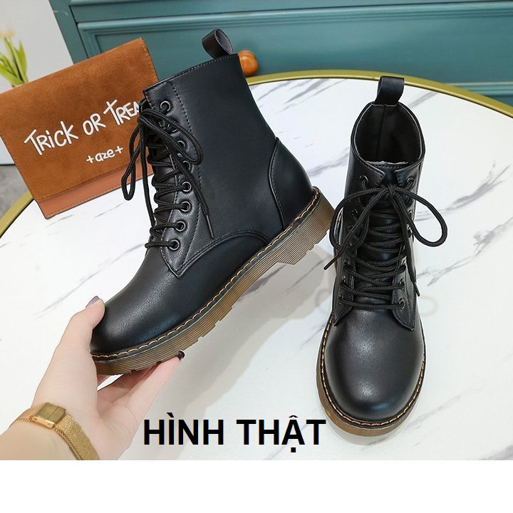 [HOT TREND] Giày boots nữ cột dây, bốt ulzzang đế nâu viền chỉ cổ lửng, sành điệu, cá tính S022N