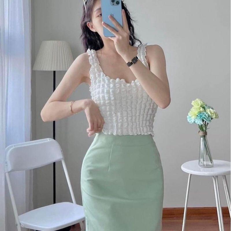 Áo 2 dây xốp phồng ô vuông bản to croptop balỗ đủ màu co giãn siêu xinh. MET SHOP