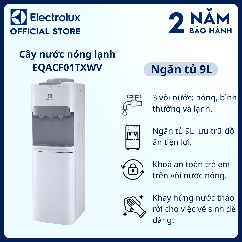 [Freeship] Cây nước nóng lạnh Electrolux bình úp trên trắng có ngăn chứa đồ - EQACF01TXWV - 3 vòi nước: nóng, bình thường và lạnh, ngăn tủ 9L [Hàng chính hãng]