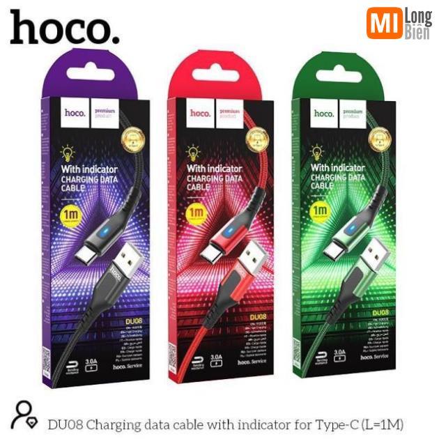 Cáp sạc Hoco DU08/DU08 Plus Type-C USB, hỗ trợ sạc nhanh 2.4A, dây bọc dù chống đứt, gập, có đèn LED báo sạc dài 1m/2m