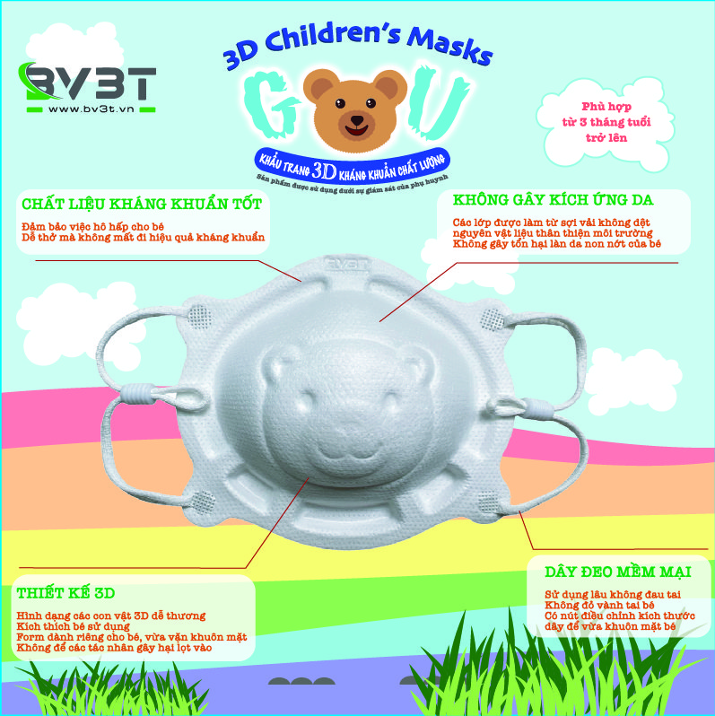 [HỘP - BV3T 3D CHILDREN'S MASK] - Khẩu trang Gấu 3D cho trẻ em - khẩu trang kháng khuẩn tốt cho bé (10 cái/ hộp)