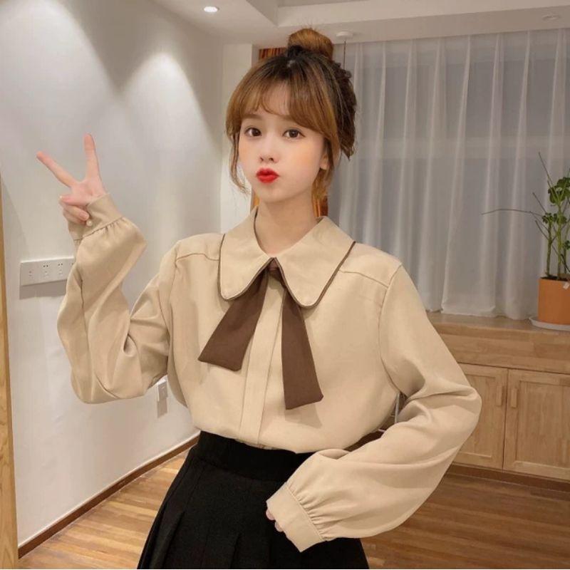 Áo sơ mi nữ dài tay thắt nơ cổ công sở thanh lịch Quảng Châu