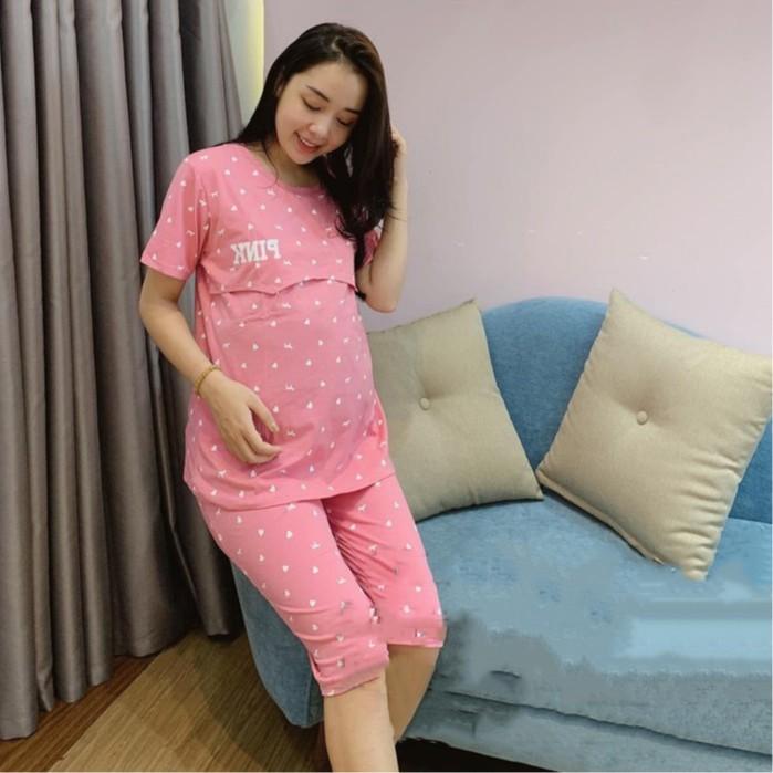 Đồ bộ bầu sau sinh Lửng Pink Xuân Hè, chất cotton mềm mát, thiết kế vén ngực cho con bú thuận tiện cho bà bầu