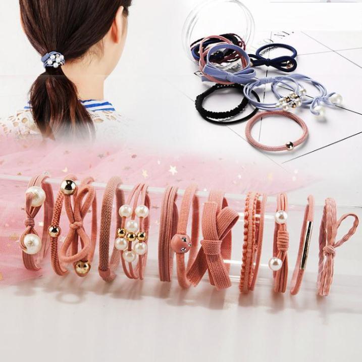 Set 12 dây cột tóc co giãn thiết kế thắt nơ đính hạt châu dễ thương