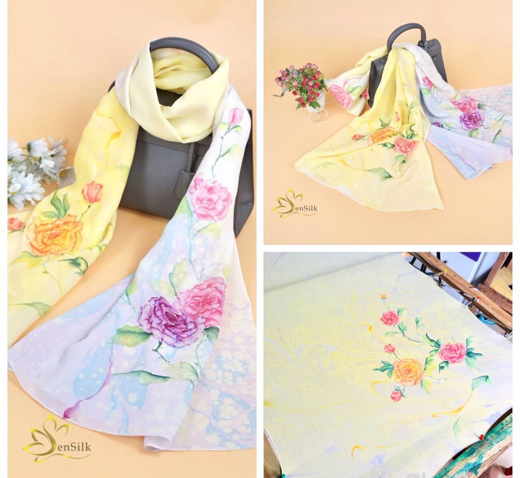 Khăn Thủy Ấn Hoa Hồng Cổ SenSilk – Tình Yêu Bất Diệt – Marbled Silk Scarf