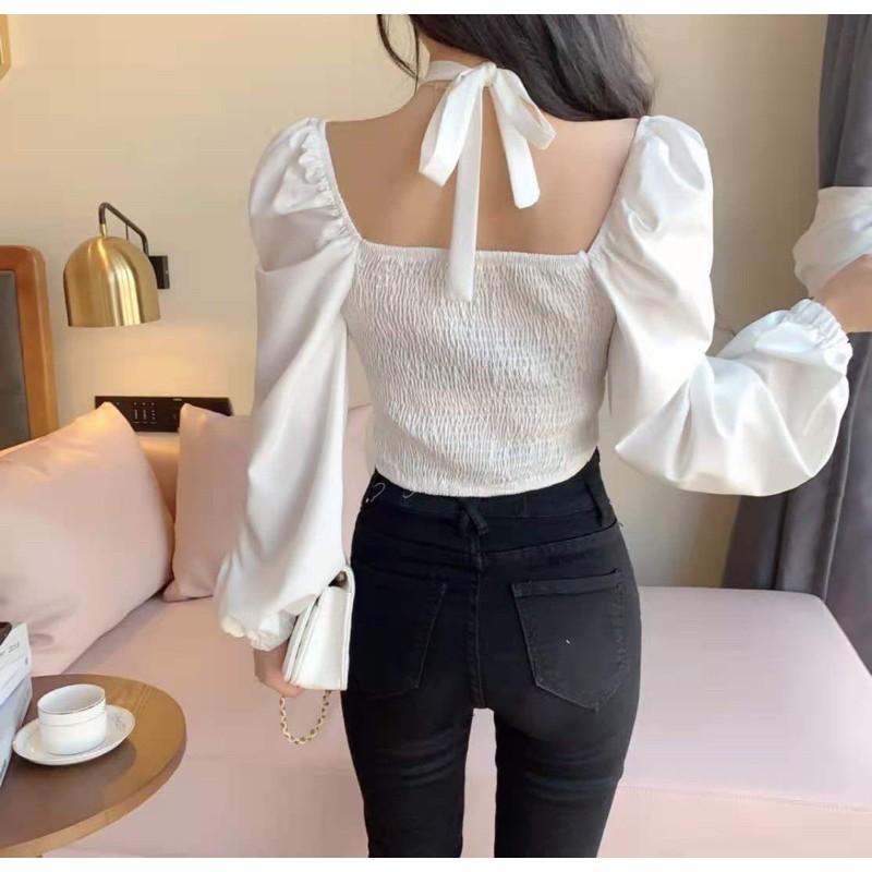  Áo sơmi thắt nơ ngực croptop bèo nhún sexy 2021