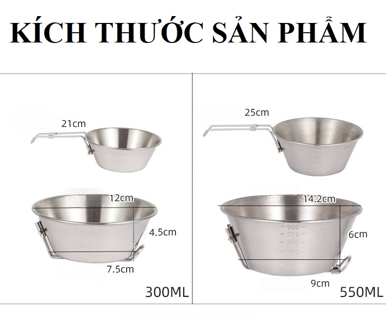 Bát gấp bằng thép không gỉ có túi đựng, Chén/tô gấp gọn di động bát cơm siêu nhẹ inox 304 cắm trại dã ngoại phượt