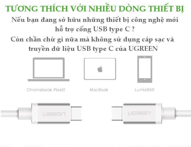 Ugreen UG10678US161TK 1M màu Trắng Dây USB Type-C truyền dữ liệu và sạc mạ Nikel đầu nhôm - HÀNG CHÍNH HÃNG