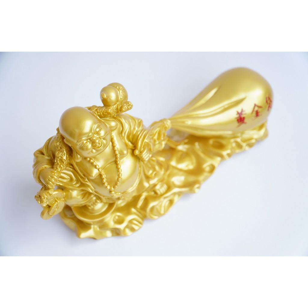 Tượng Phật Di Lặc kéo bao tải tiền nhũ vàng cầu tài lộc đúc lớn - Dài 30cm