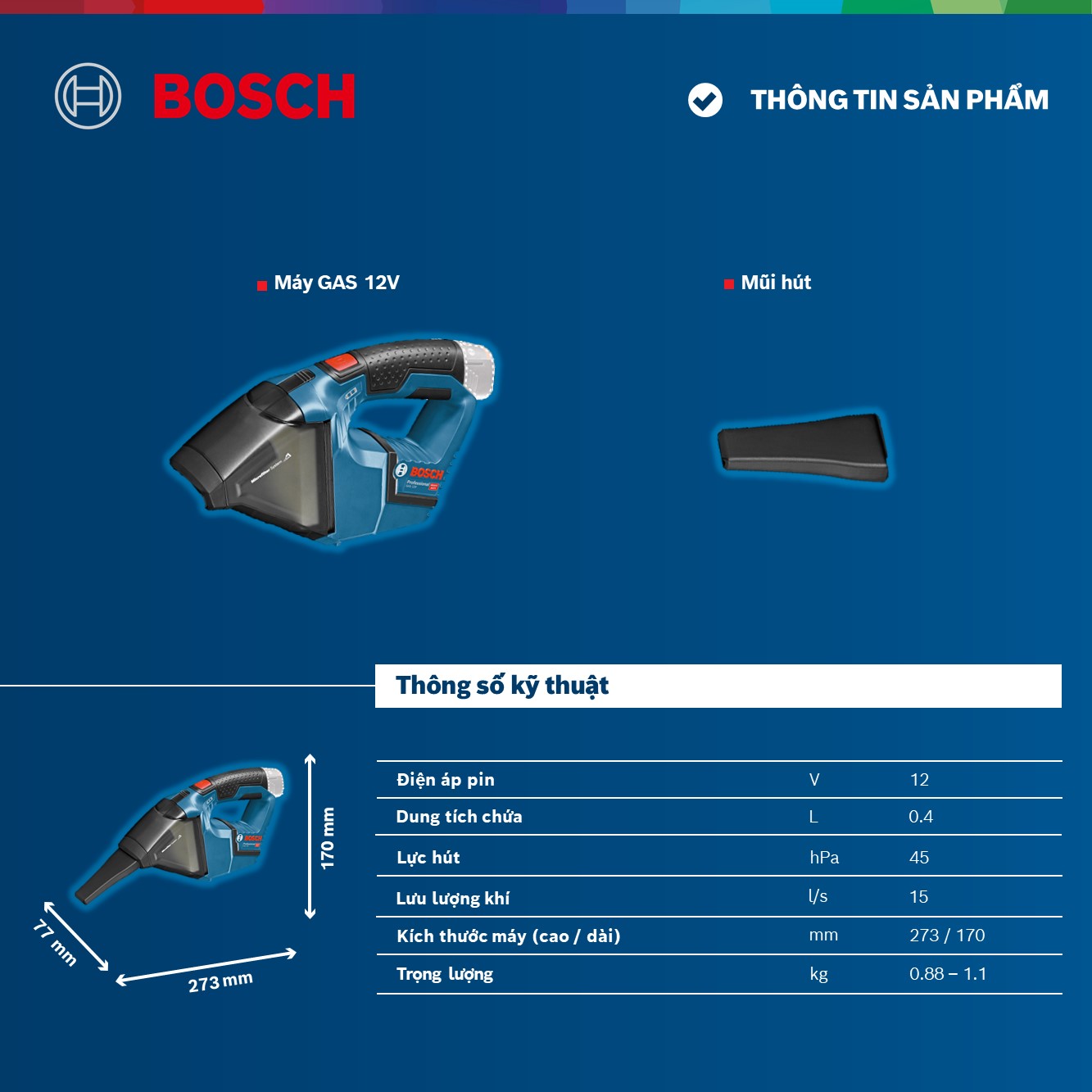 Máy hút bụi dùng pin GAS 12V Solo Bosch - Hàng chính hãng (Không kèm pin sạc)