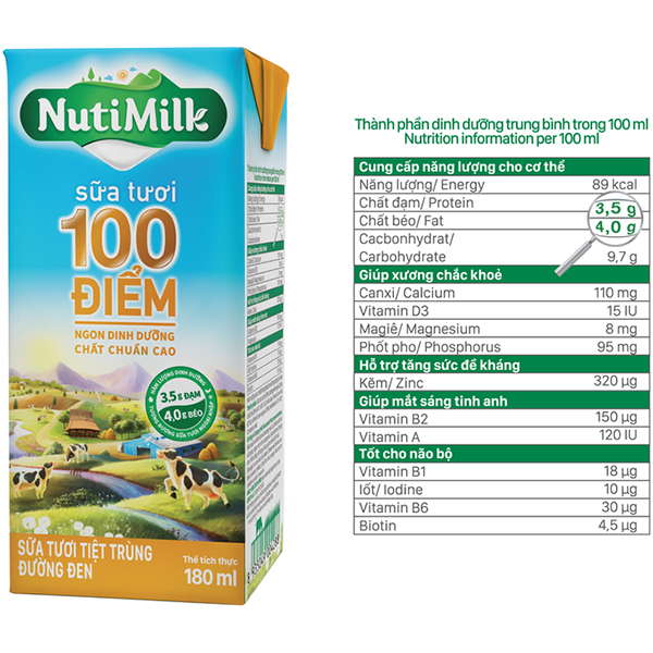 Thùng 48 hộp NutiMilk Sữa tươi 100 điểm - Sữa tươi tiệt trùng Đường đen hộp 180ml