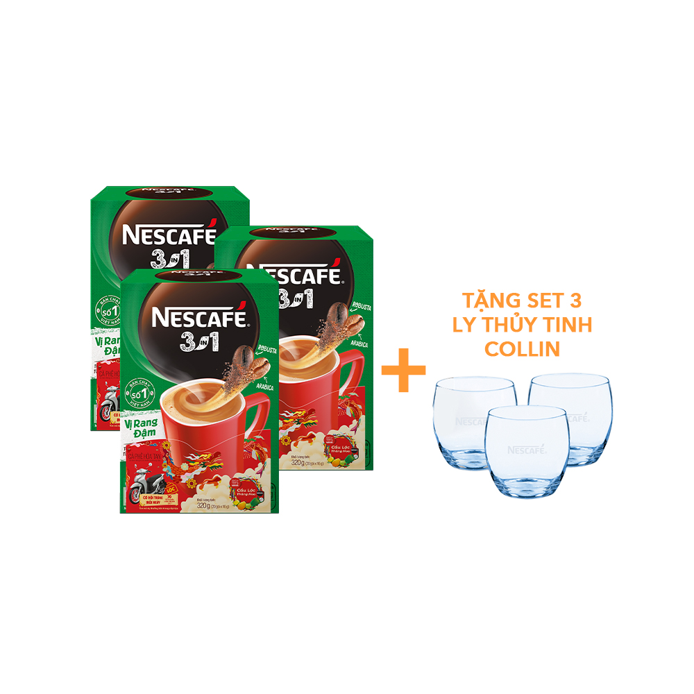 [Tặng Set 3 Ly Thủy Tinh Collin] Combo 3 Hộp Nescafé 3in1 VỊ RANG ĐẬM (16g x 20 gói) - Phiên bản Tết 2024