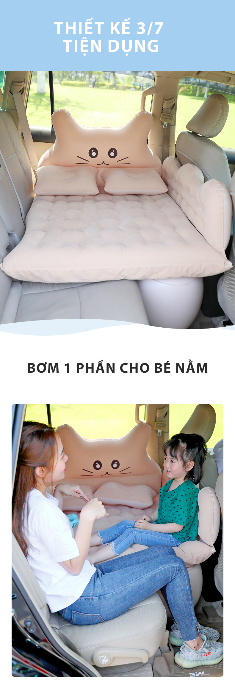 Nệm hơi ô tô - Giường hơi ô tô vải nhung cao cấp hình con mèo - Nệm xe hơi kèm bơm điện có thanh chặn an toàn cho bé