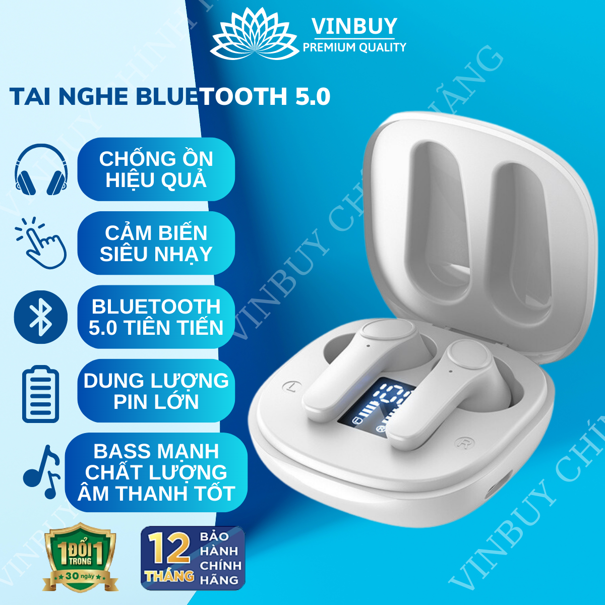 Tai Nghe Bluetooth Không Dây Chống Ồn Cao Cấp V5.0 Chính Hãng Dùng Cho Iphone Samsung OPPO VIVO HUAWEI XIAOMI, Tai Nghe Không Dây - Hàng Chính Hãng VINBUY