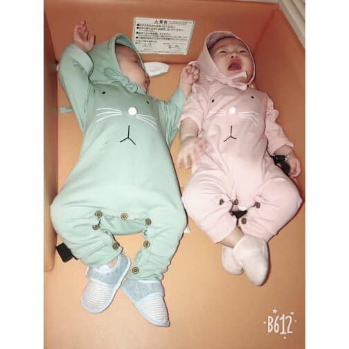Set Body dài tay thu đông kèm mũ tai thỏ siêu đáng yêu cho bé sơ sinh 0-2 tuổi