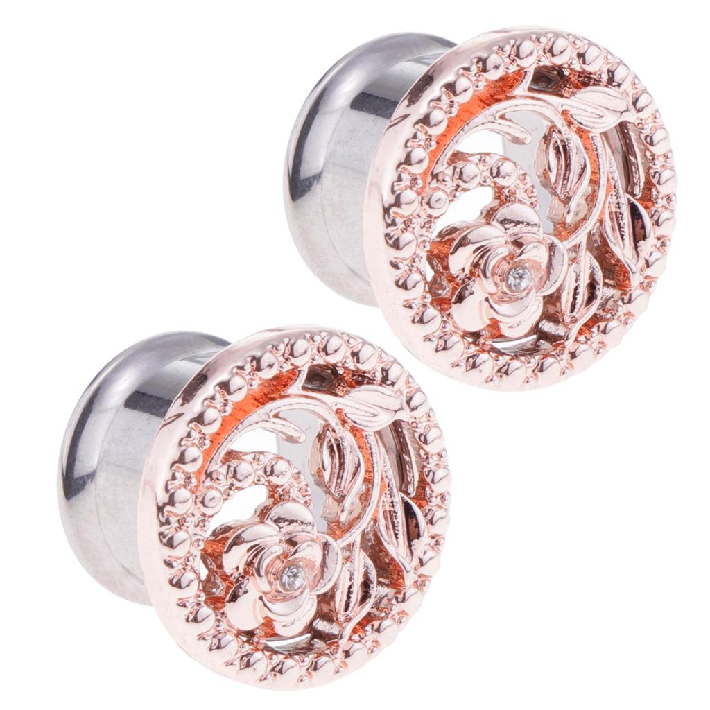 2pcs Fancy Rose Gold Flower Ear Plug Tunnel Stainless Steel Ear Jewelry 6mm
