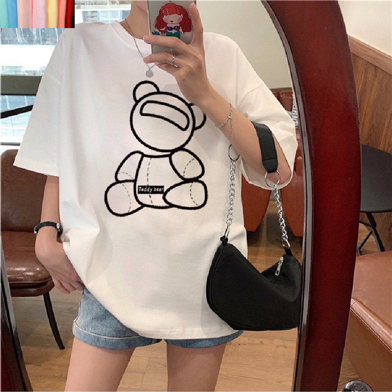 Áo Thun Nữ Màu Vàng Mơ In Họa Tiết Búp Bê Gấu