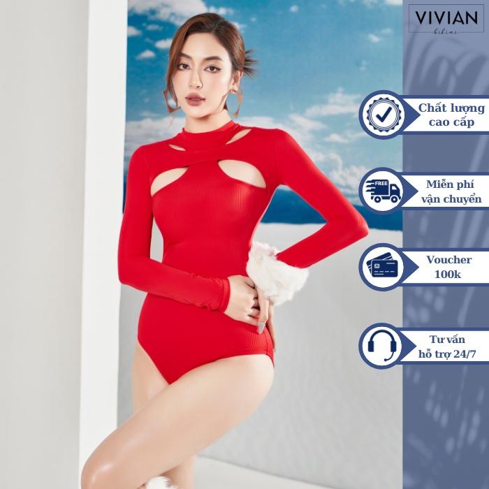 Đồ bơi nữ cao cấp dạng một mảnh tay dài cutout gợi cảm - Đỏ - VS194_RD