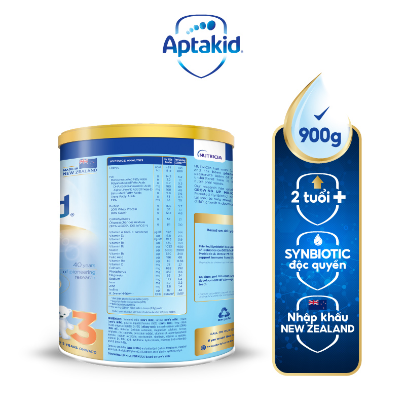 (Tặng áo mưa cho bé) Sữa bột Aptakid New Zealand hộp thiếc (900g) cho bé trên 24 tháng tuổi