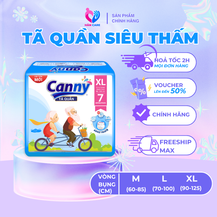 Tã/Bỉm Quần Người Lớn Canny Siêu Mềm, Siêu Thấm, Kháng Khuẩn Size M8,L7.XL7 Miếng