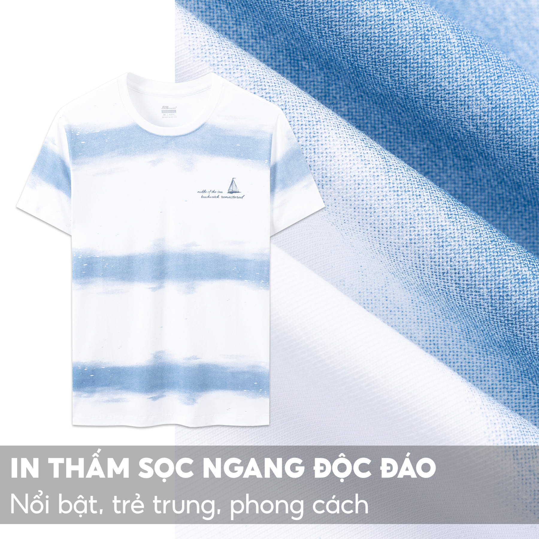 Áo Thun Nam Ngắn Tay 5S, Chất Cotton Cao Cấp Siêu Mát, Thiết Kế Sọc Ngang Sóng Biển, In Trẻ Trung, Năng Động