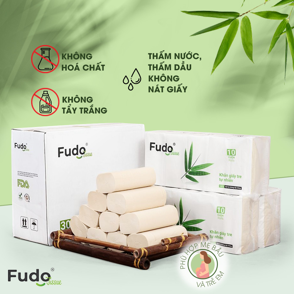 Khăn giấy tre Fudo - Combo 30 Cuộn Giấy Vệ Sinh Không Lõi (1 thùng): 100% bột tre, không tạo mùi, không tẩy trắng, siêu mềm, siêu mịn, siêu dai