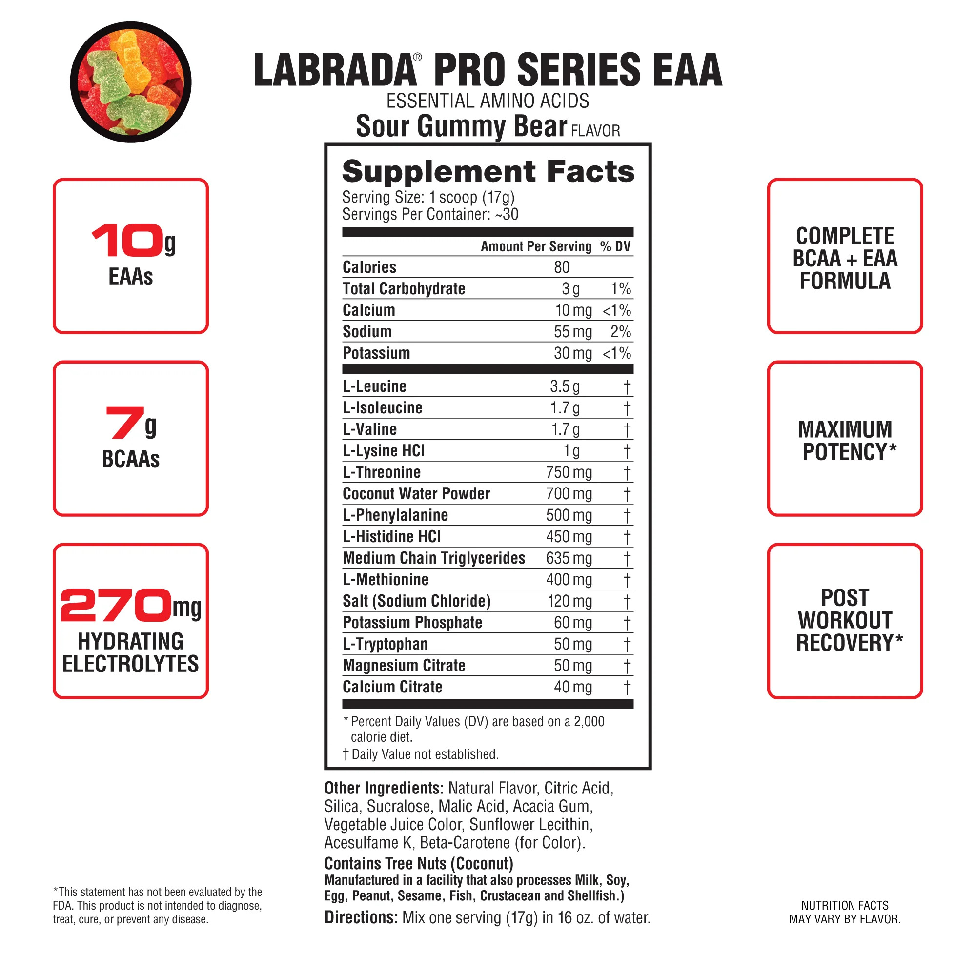 EAA Essential Amino Acid - Labrada (30 lần dùng),Phục Hồi, Tăng Cơ, Sức Mạnh, Sức Bền,17g EAA + BCAA + 275MG Điện Giải
