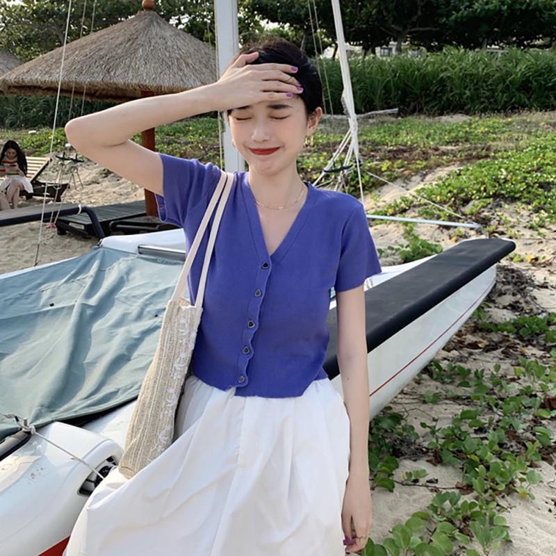 Áo Dệt Kim Ngắn Tay Cổ Chữ V Thời Trang Mùa Hè Hàn Quốc