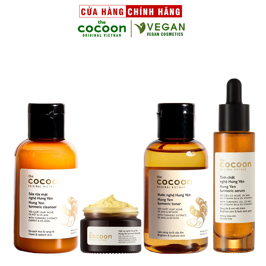 Bộ 4 sản phẩm Nghệ Cocoon: Sữa rửa mặt nghệ Cocoon140ml + Mặt nạ nghệ Cocoon 30ml + Toner nghệ Cocoon 140ml + Tinh chất nghệ Cocoon 30ml