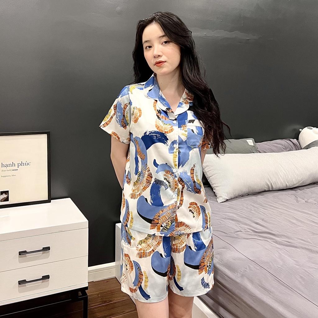 Đồ Ngủ Nữ Bộ Pijama Đùi Họa Tiết Hoa Đẹp Chất Lụa Cao Cấp Thoáng Mềm, Thấm Hút Co Giãn Nhẹ