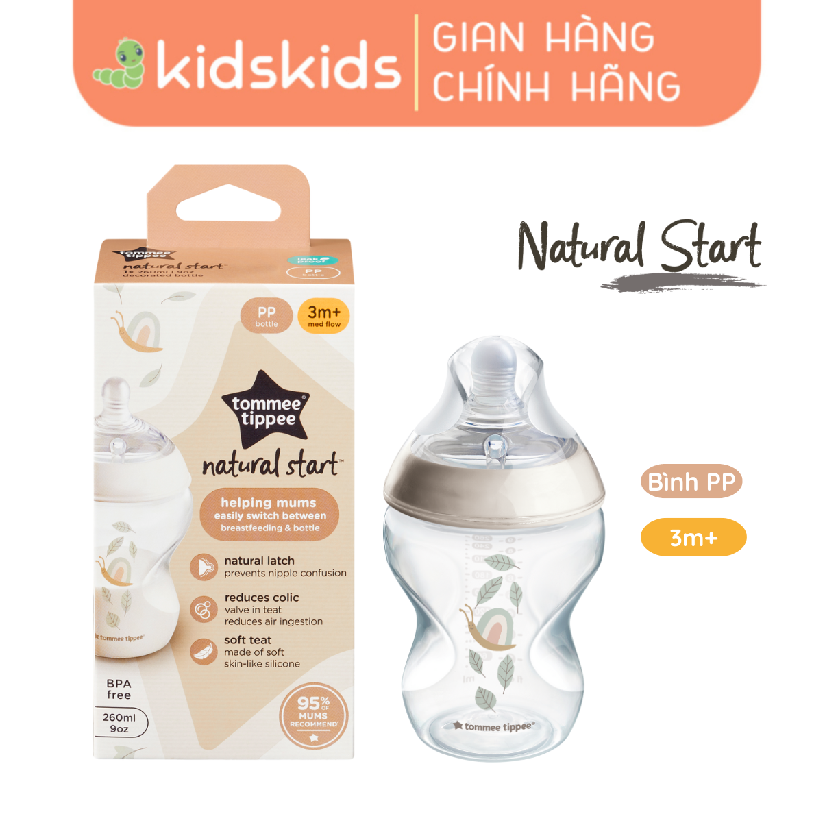 Bình Sữa PP Ty Siêu Mềm Tự Nhiên Tommee Tippee Natural Start 260ml, Núm Ty Của Bình 3-6 Tháng - Hoạ Tiết