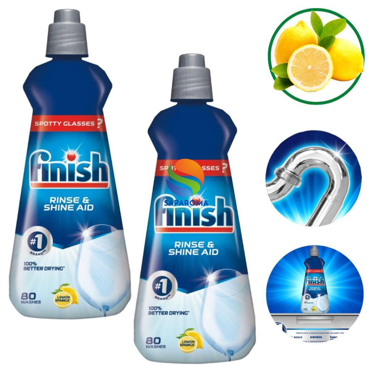 Combo 2 chai nước làm bóng và khô bát, đĩa Finish Dishwasher Rinse & Shine Aid Lemon 400ml - hương chanh