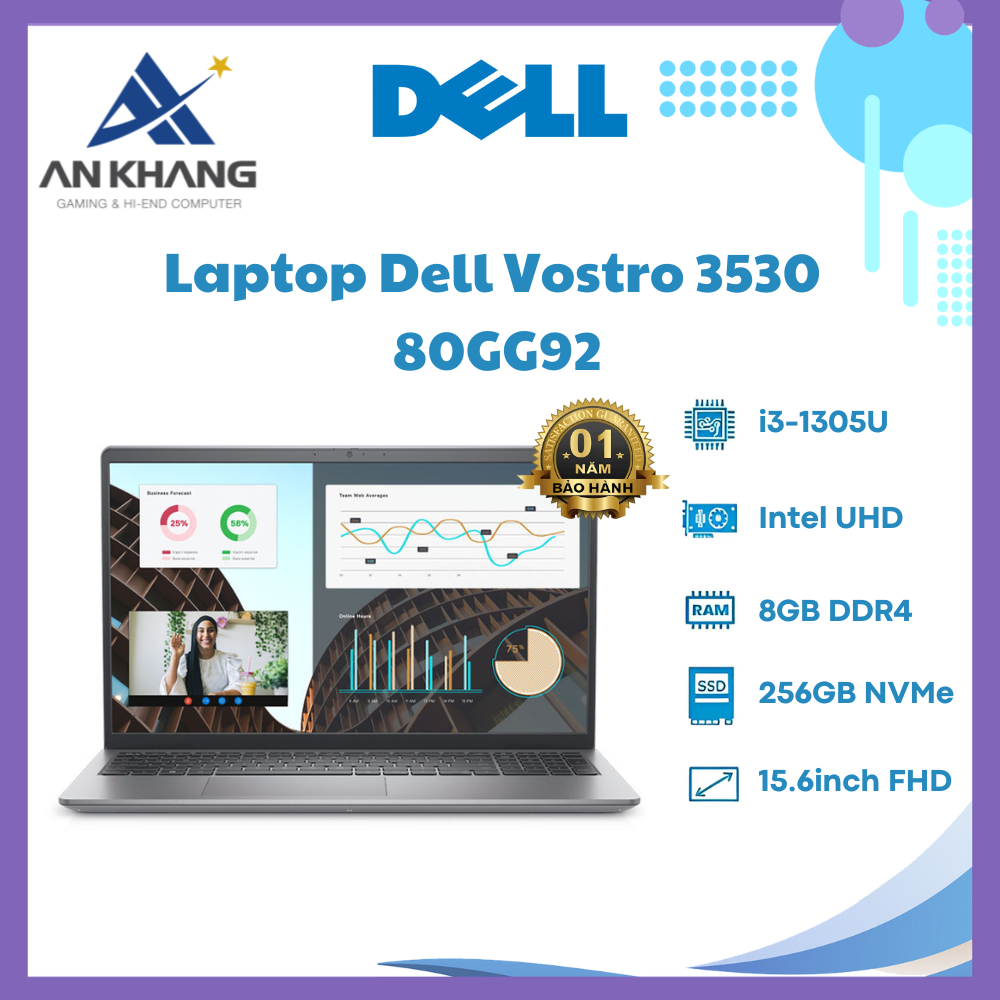 Laptop Dell Vostro 3530 80GG92 (Intel Core i3-1305U | 8GB | 256GB | Intel UHD | 15.6 inch FHD | Win 11 | Office | Xám) - Hàng Chính Hãng - Bảo Hành 12 Tháng