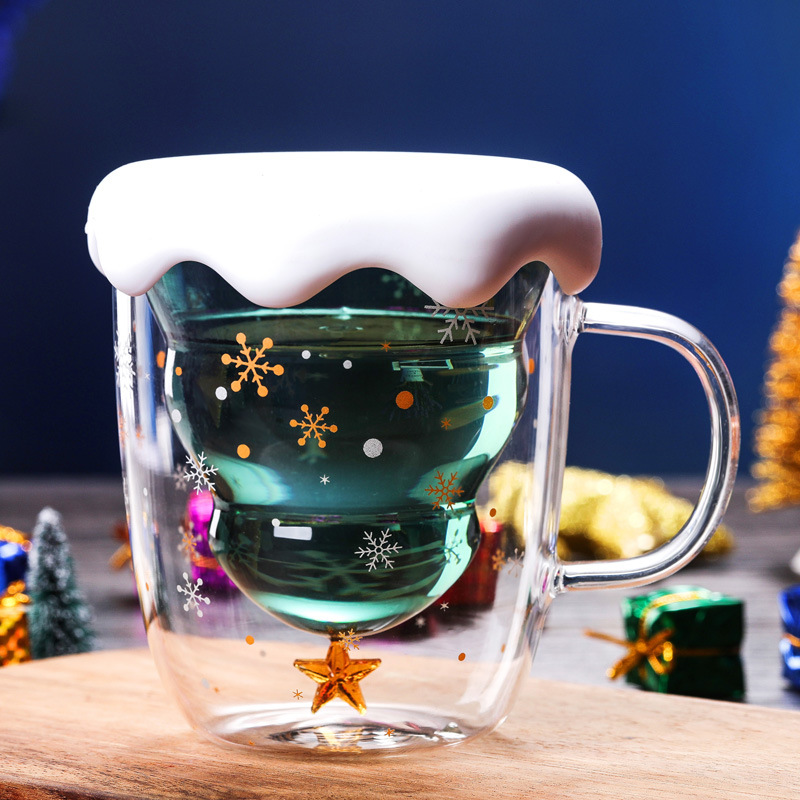 Ly thủy tinh giáng sinh chịu nhiệt Borosilicate 2 lớp có nắp kiểu dáng cây noel