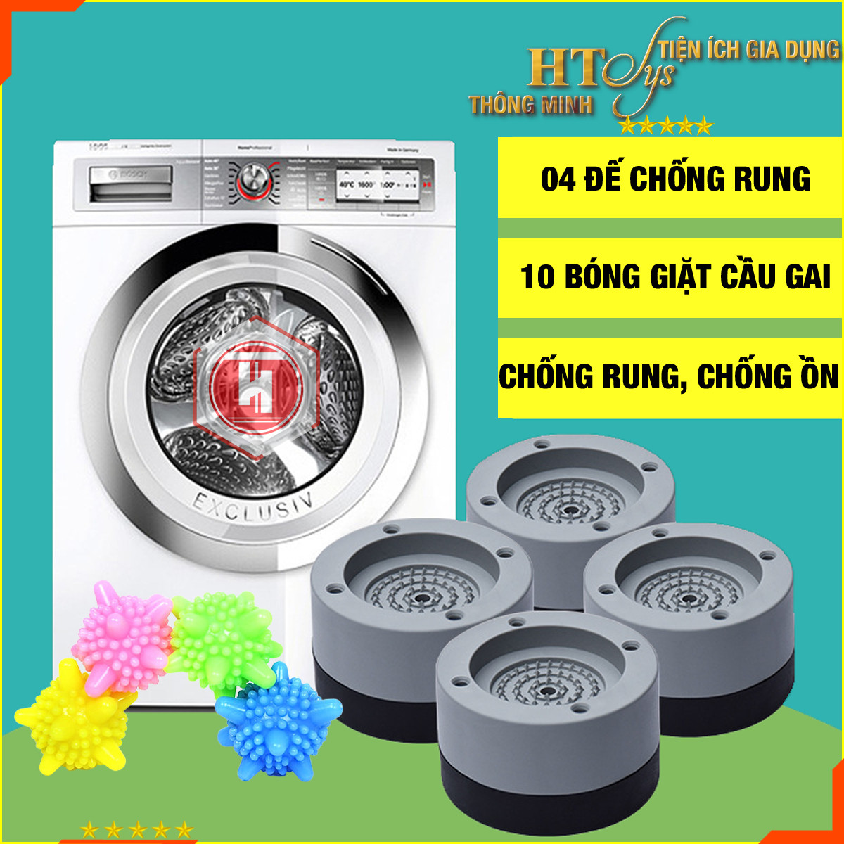 Combo 04 Đế chống rung máy giặt + 10 Bóng giặt cầu gai quần áo HT SYS