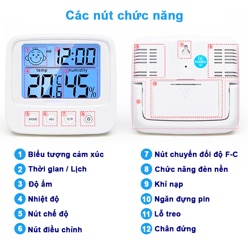 Nhiệt kế điện tử 3 trong 1 cao cấp BBShine, Nhiệt ẩm kế phòng ngủ cho bé đa năng và tiện dụng – DT005