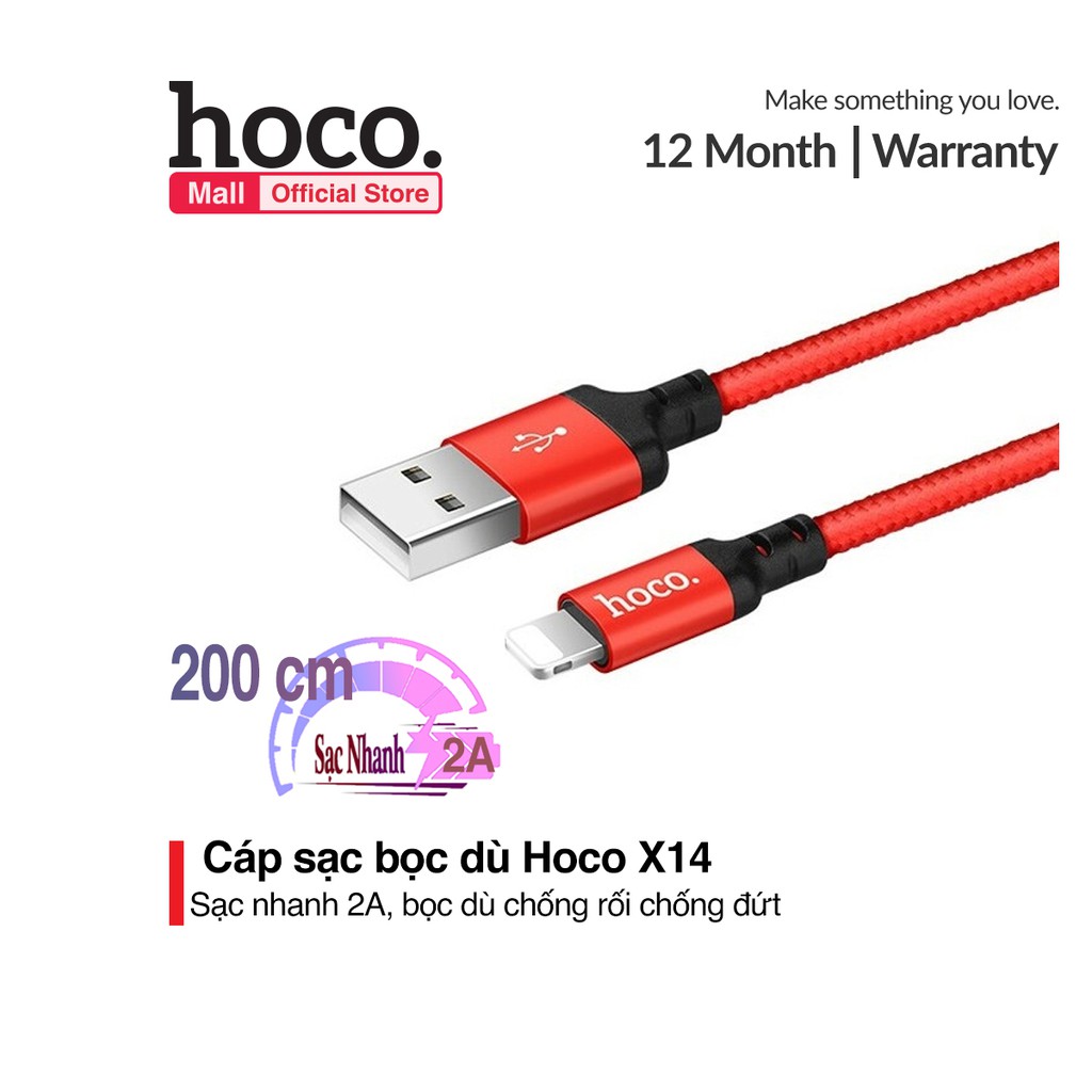 Cáp Sạc truyền dữ liệu 2.4 chống dối, dây dù dành cho Iphone,Ipad Hoco X14 Giao màu ngẫu nhiên- Hàng chính hãng