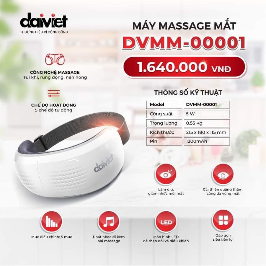 Máy Massage Mắt DVMM-00001 Đại Việt Chườm Nóng, Rung, Nghe Nhạc, Giảm Mỏi Mắt, Hỗ Trợ Lưu Thông Tuần Hoàn Máu - Hàng chính hãng