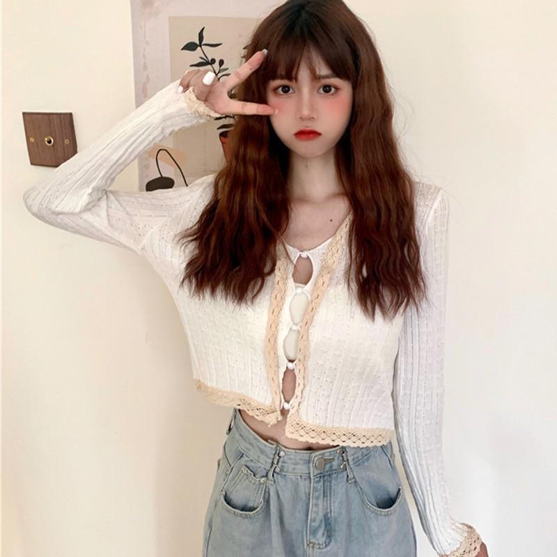 Áo khoác cardigan dệt kim mỏng dài tay phối nút ngọc trai thời trang cho nữ
