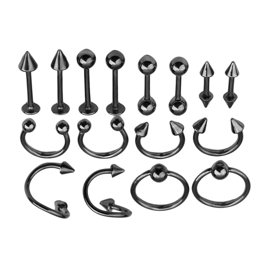 16/Pack Stainless Steel Ear Studs Labret Lip Rings Nose Tongue