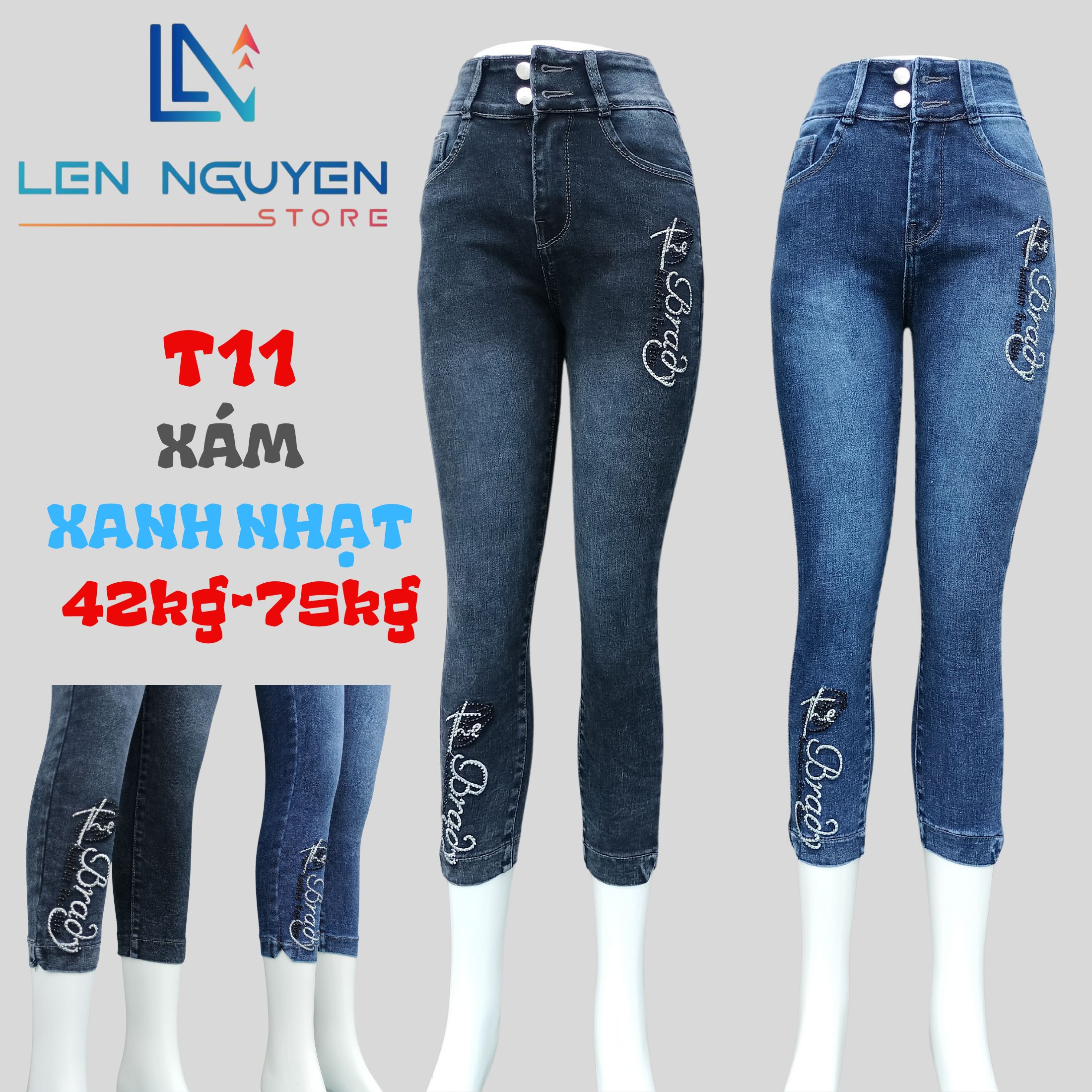 T11_9 tất thêu ép đá 27-35 xám và xanh nhạt, 2 nút lưng cao, cho 42kg đến 75kg 27-35 Vải Cao Cấp Co Giãn ,Mềm Mịn Thoáng Mát Nữ Jean Women Pants
