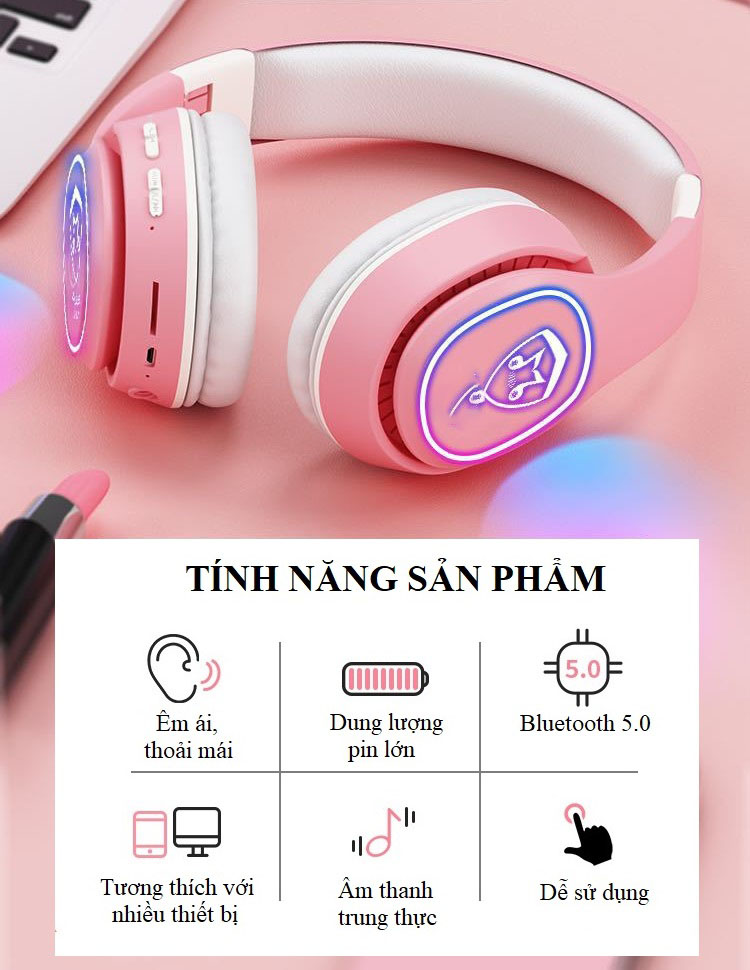 Tai Nghe Chụp Tai Bluetooth  HK6131 Công Nghệ Bluetooth Thiết Kế Độc Đáo, Hỗ Trợ Đèn Led Và Đài FM