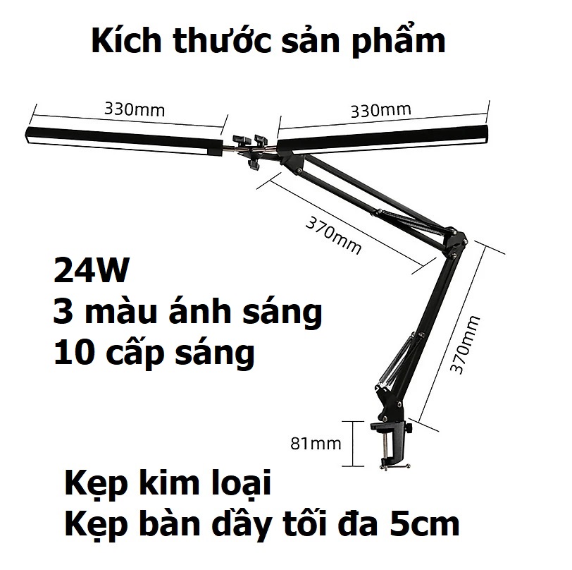 Đèn Bàn Kẹp Gấp Gọn LED đôi 2 cánh tay dài, Đèn treo màn hình máy tính, bảo vệ mắt, học tập, làm việc, decor, Spa, Nail